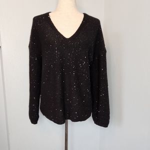 Loft metallic sparkling black v neck sweater pullover long sleeve knitted